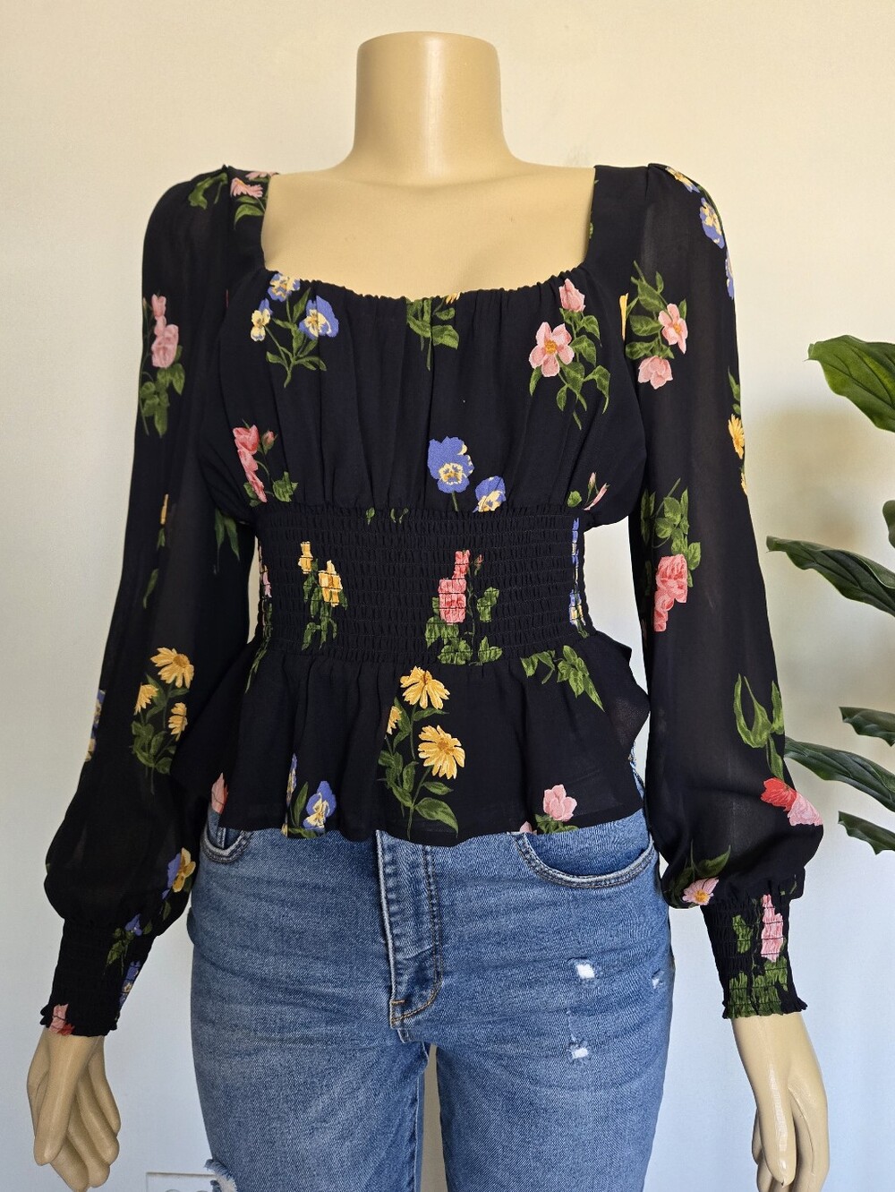 Reformation Hearth Top in Night Bloom Floral Smocked Blouse Size 6 Black Color